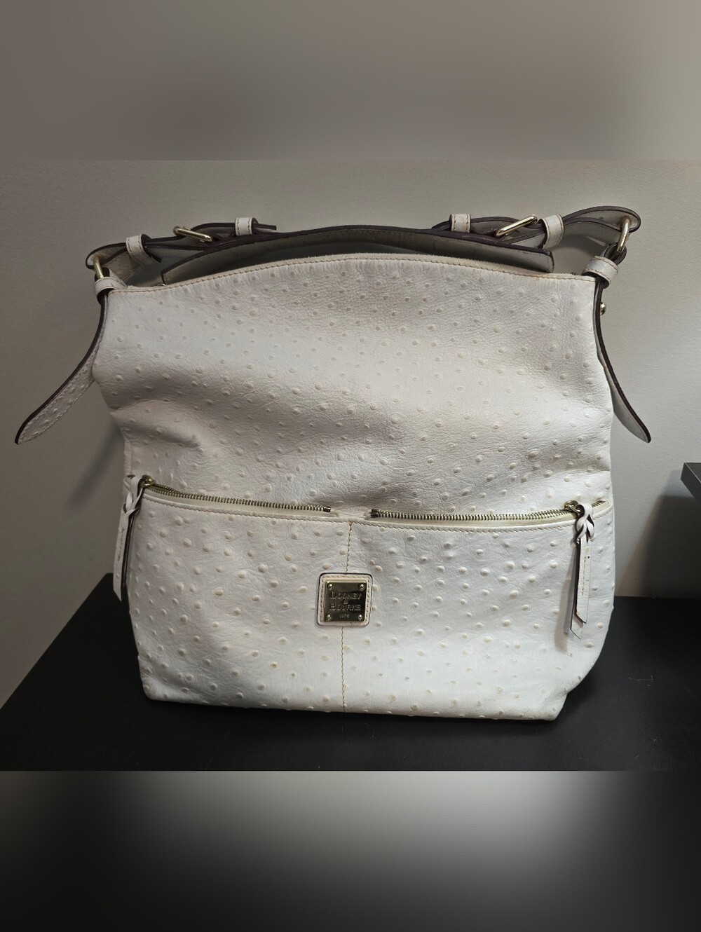 Dooney & Bourke 14" White Ostrich Embossed Leather Zip Pocket Hobo Shoulder Bag